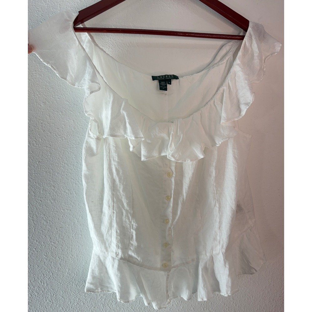 VTG 90s Lauren Ralph Lauren White 100% Linen Ruffle Button Front Blouse Peplum
